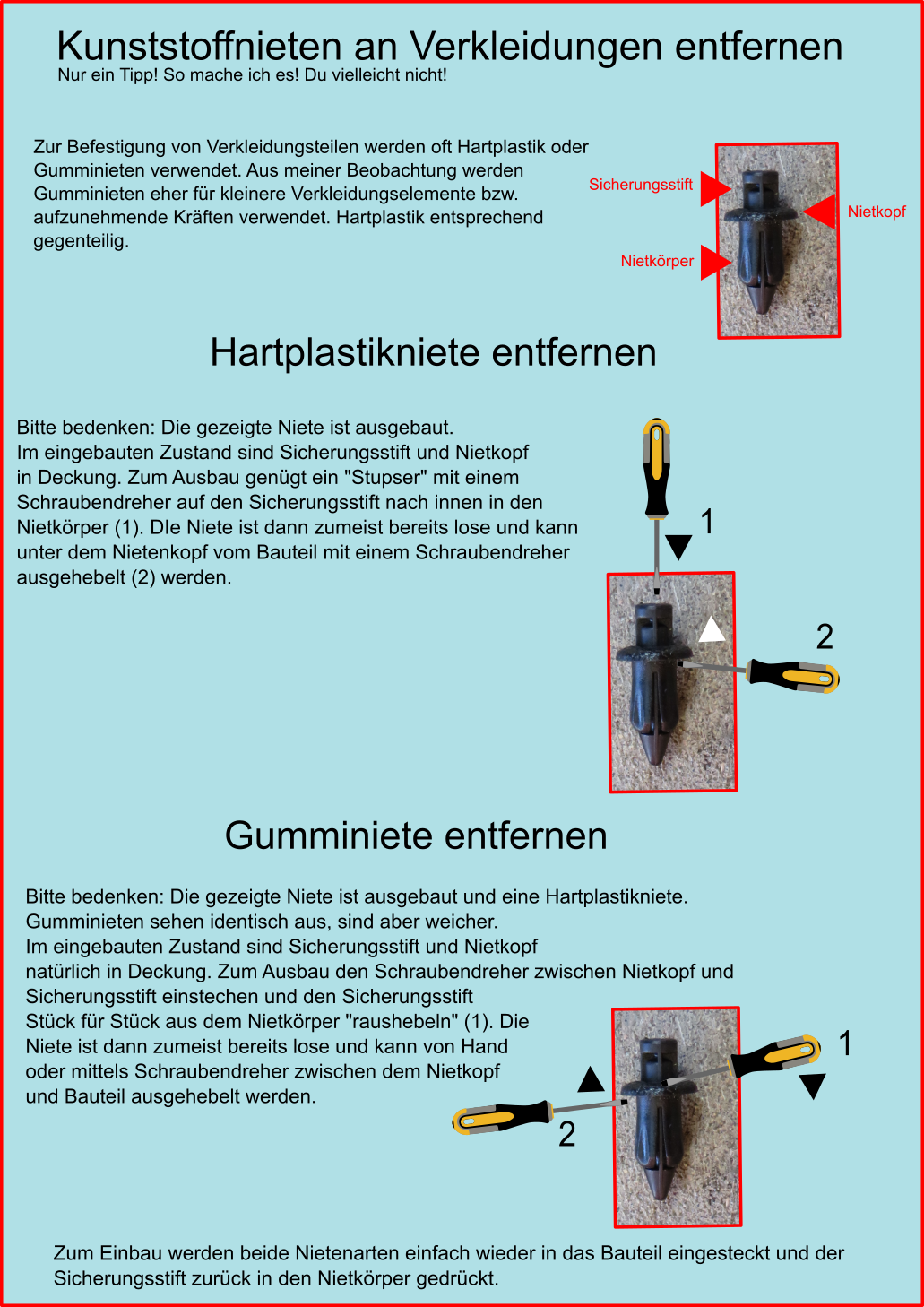 Hilfeseite zum Entfernen von Plastiknieten an Verkleidungen